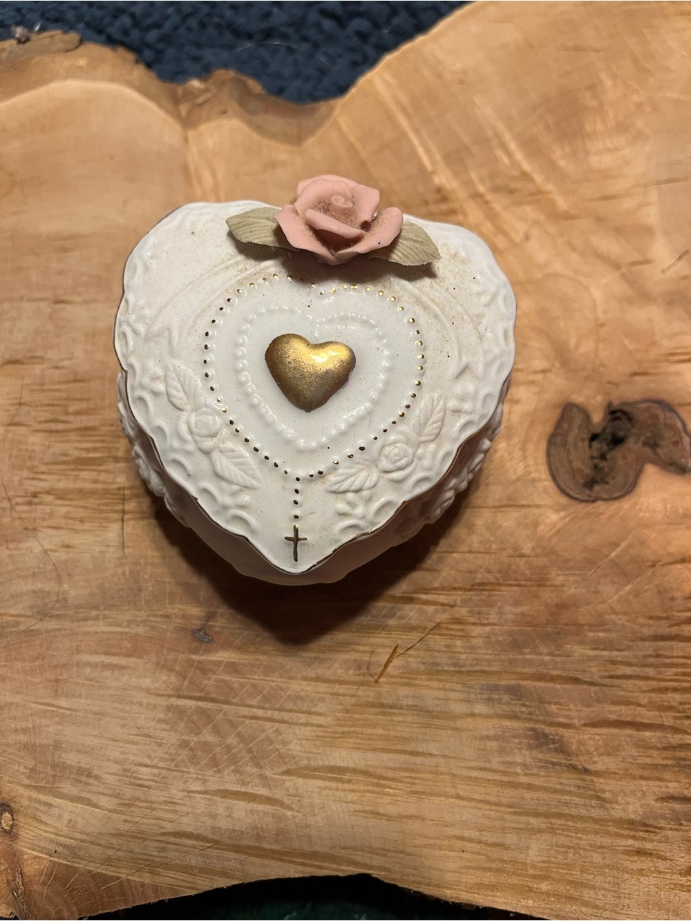 Heart Shaped Ceramic Rosary Box w/ Gold Heart and Pink Rose Full of Rosary Parts